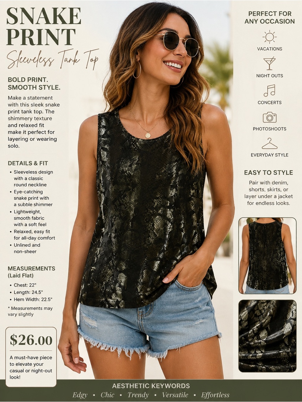 Leslie Fay Metallic Snake-Print Sleeveless Tank in Black and green